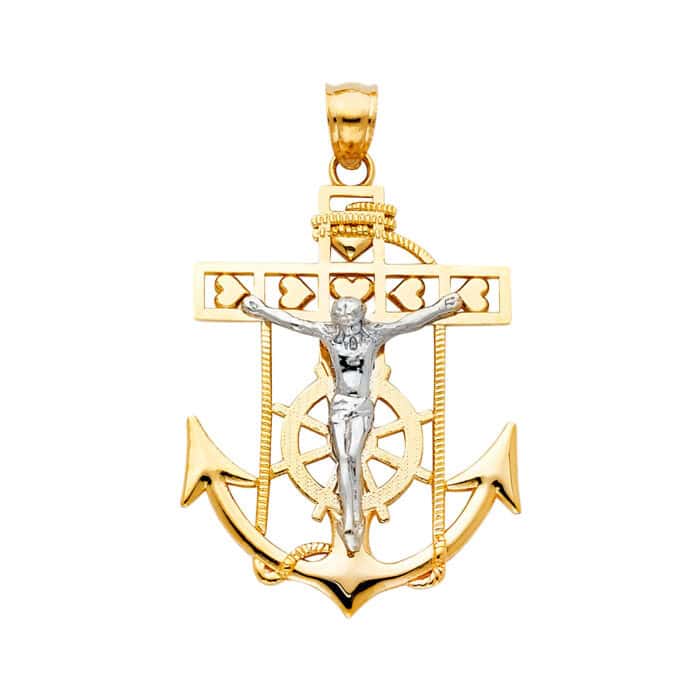 14K Two Tone Gold Mariner Religious Crucifix Pendant