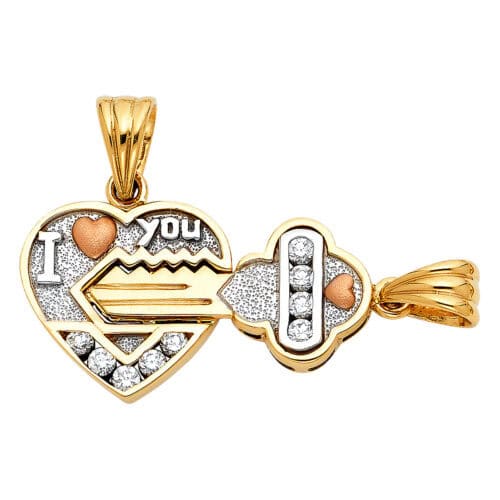 14K Tri Color Gold Cubic Zirconia Heart & Key Pendant Set