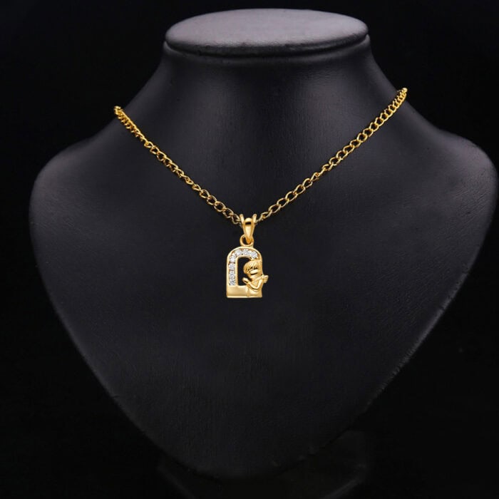 14K Yellow Gold Cubic Zirconia Girl Prayer Religious Pendant - Image 2