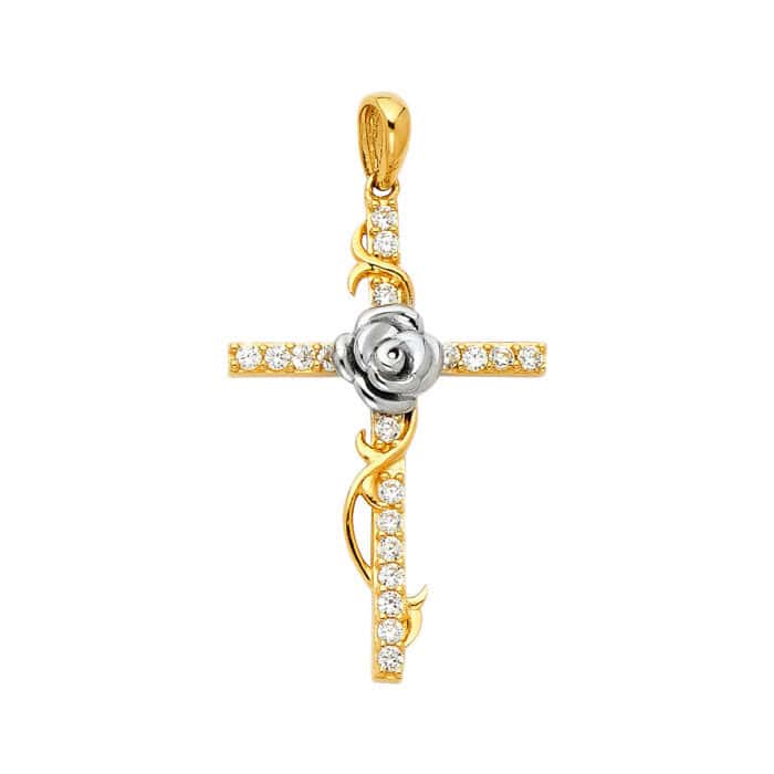 14K Two Tone Gold Cubic Zirconia Religious Cross with Rose Pendant