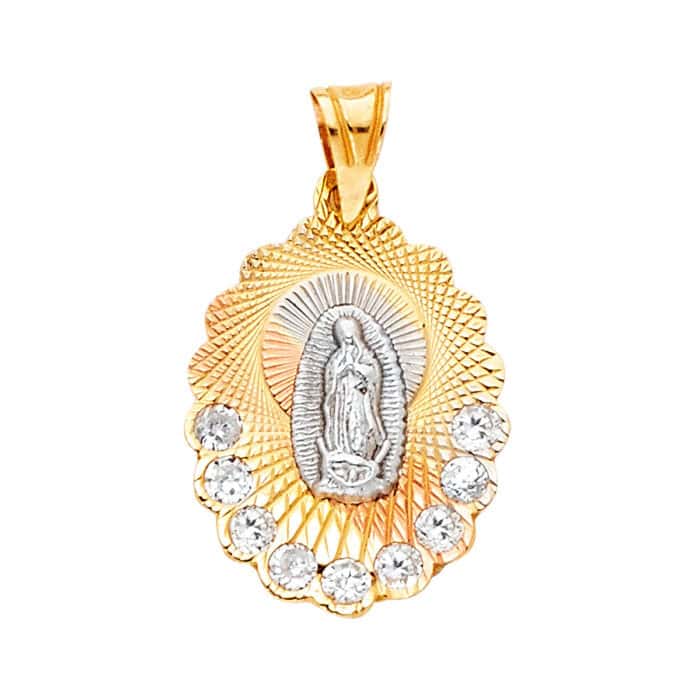 14K Tri Color Gold Religious Guadalupe Cubic Zirconia Pendant