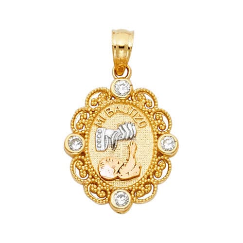 14K Tri Color Gold Cubic Zirconia Religious Baptism Pendant