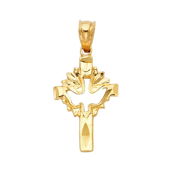14K Yellow Gold Religious Cross with Holy Spirit Dove Pendant