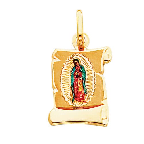 14K Yellow Gold Guadalupe Enamel Picture Religious Pendant
