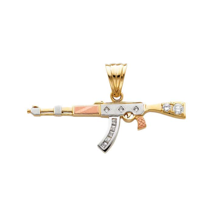 14K Tri Color Gold Cubic Zirconia Rifle Gun Pendant