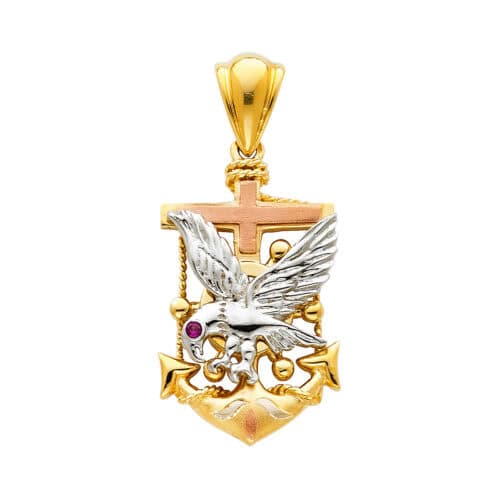 14K Tri Color Gold Eagle Anchor Pendant