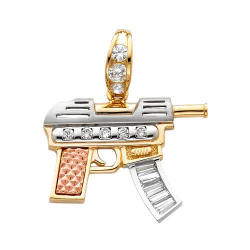 14K Tri Color Gold Cubic Zirconia Rifle Gun Pendant