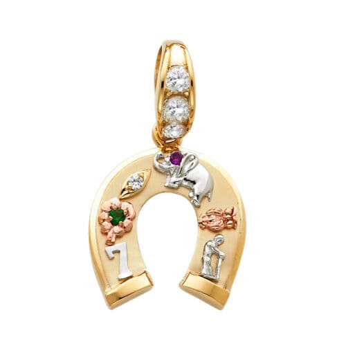 14K Tri Color Gold Cubic Zirconia Lucky Horseshoe Pendant