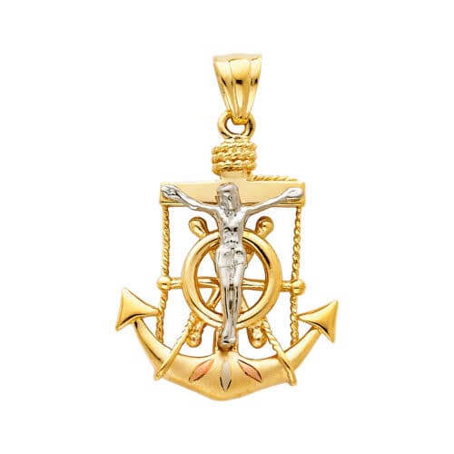 14K Tri Color Gold Religious Crucifix Anchor Pendant