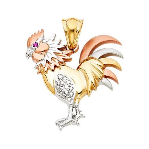 14K Tri Color Gold Cubic Zirconia Rooster Pendant