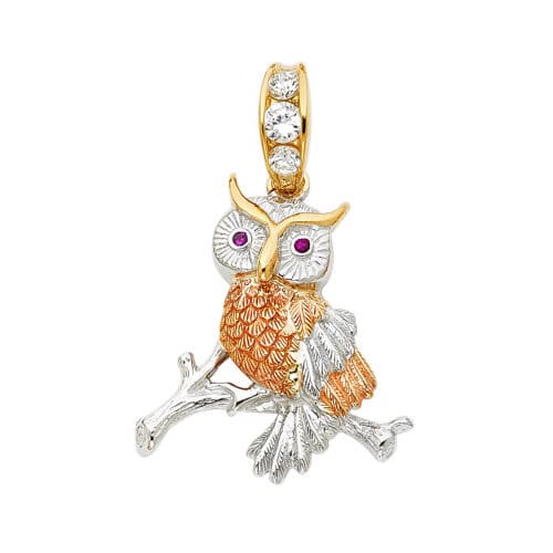 14K Tri Color Gold Cubic Zirconia Owl Pendant