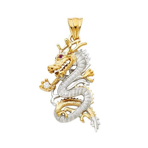 14K Two Tone Gold Cubic Zirconia Dragon Pendant