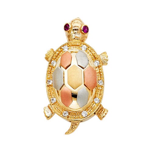 14K Tri Color Gold Cubic Zirconia Turtle Pendant