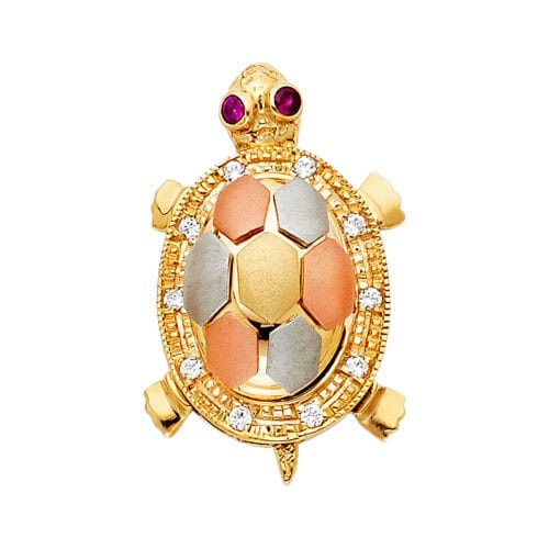 14K Tri Color Gold Cubic Zirconia Turtle Pendant