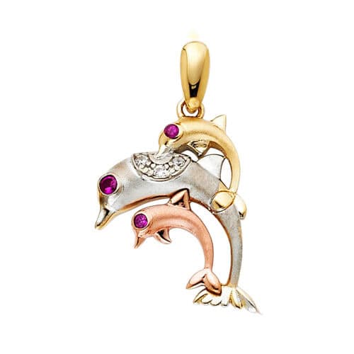 14K Tri Color Gold Cubic Zirconia Dolphin Pendant