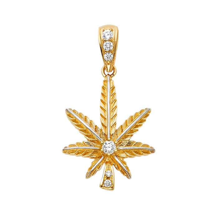 14K Yellow Gold Cubic Zirconia Marijuana Leaf Pendant