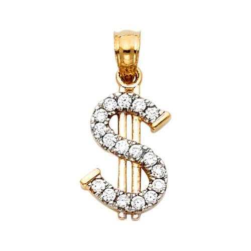 14K Yellow Gold Cubic Zirconia Dollar Sign Pendant