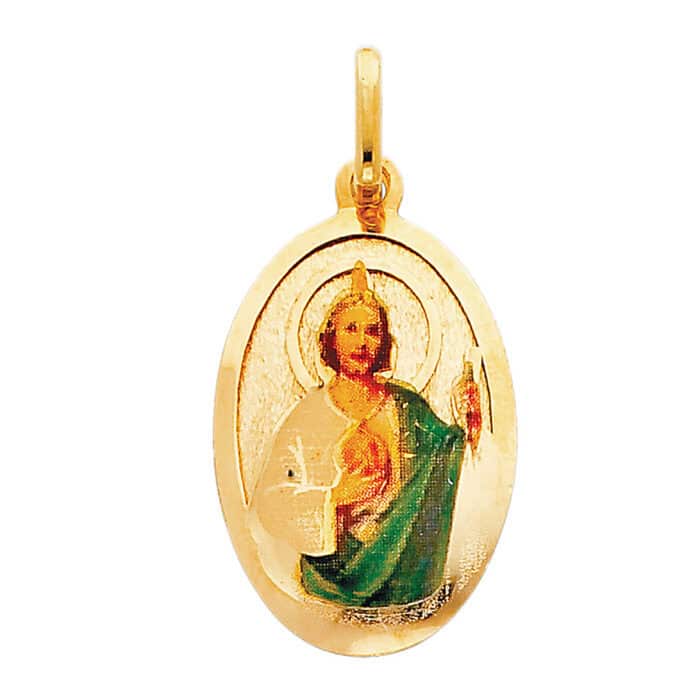 14K Yellow Gold St. Jude Enamel Picture Religious Pendant