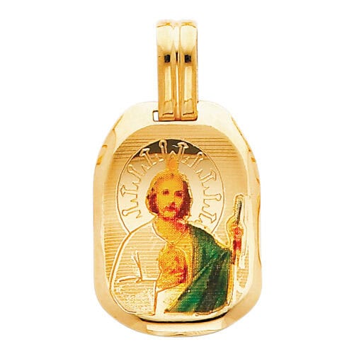 14K Yellow Gold St. Jude Enamel Picture Religious Pendant