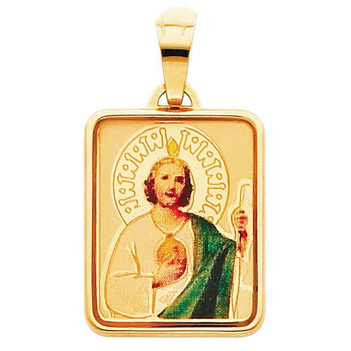 14K Yellow Gold St. Jude Enamel Picture Religious Pendant