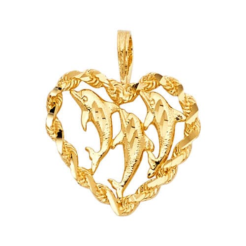 14K Yellow Gold Heart with Dolphin Pendant