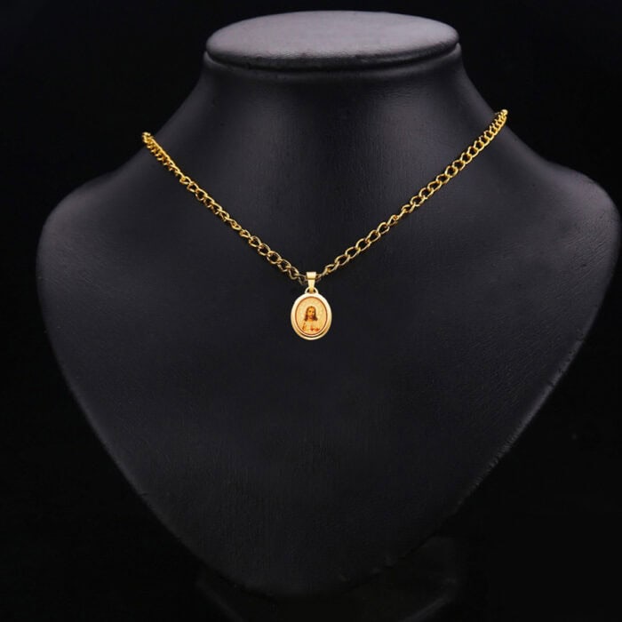 14K Yellow Gold Jesus Heart Enamel Picture Religious Pendant - Image 2