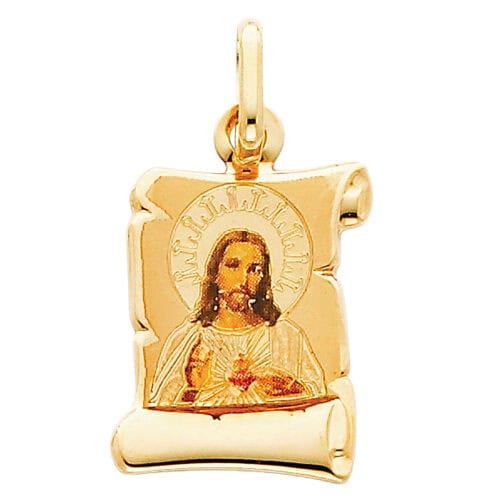 14K Yellow Gold Jesus Heart Enamel Picture Religious Pendant