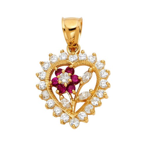 14K Yellow Gold Cubic Zirconia Heart with Flower Pendant