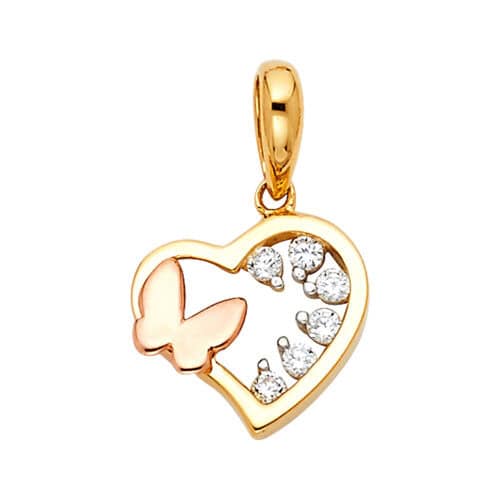 14K Two Tone Gold Cubic Zirconia Heart with Butterfly Pendant