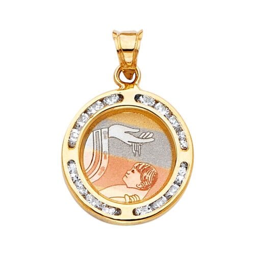 14K Yellow Gold Baptism Cubic Zirconia Religious Pendant