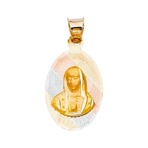 14K Tri Color Gold Diamond Cut Religious Guadalupe Stamp Pendant