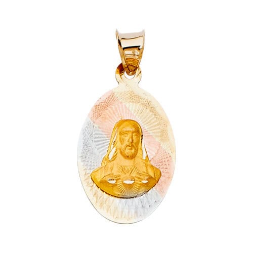 14K Tri Color Gold Diamond Cut Religious Jesus with Heart Stamp Pendant