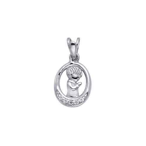 14K White Gold Cubic Zirconia Boy Prayer Religious Pendant