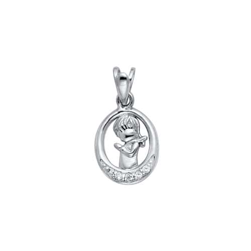 14K White Gold Cubic Zirconia Girl Prayer Religious Pendant
