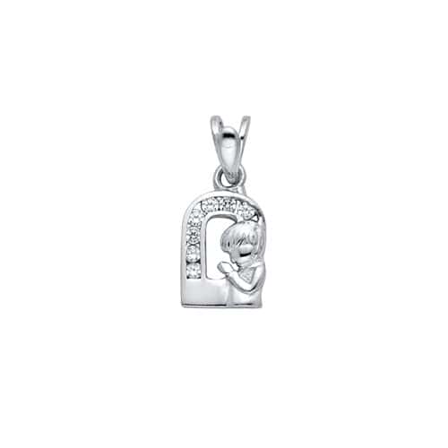 14K White Gold Cubic Zirconia Boy Prayer Religious Pendant