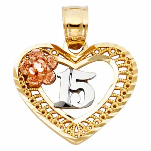 14K Tri Color Gold Sweet 15 Years Heart Pendant