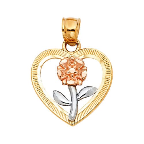 14K Tri Color Gold Flower in Heart Pendant