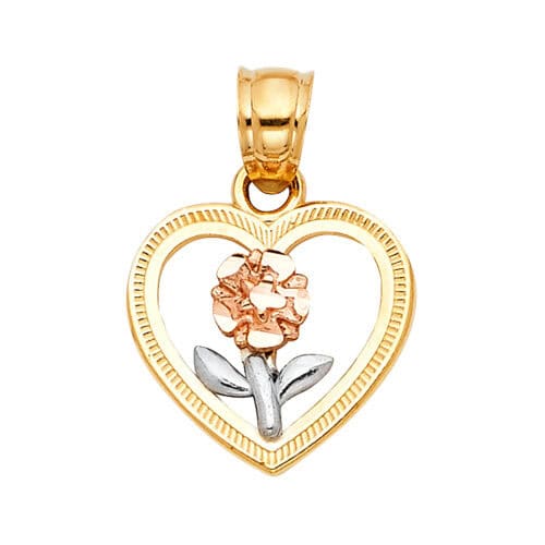14K Tri Color Gold Flower in Heart Pendant