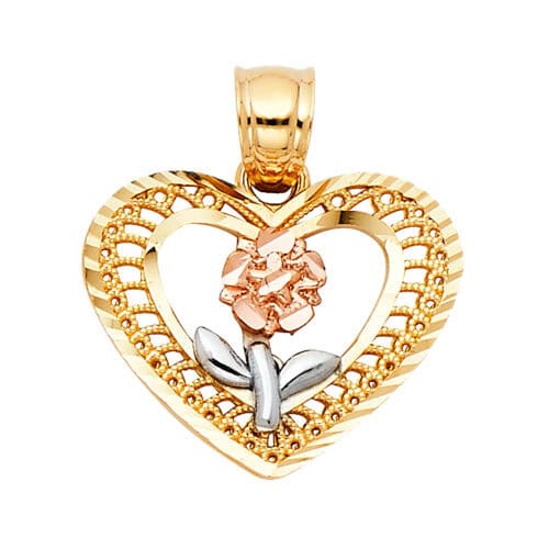 14K Tri Color Gold Flower in Heart Pendant