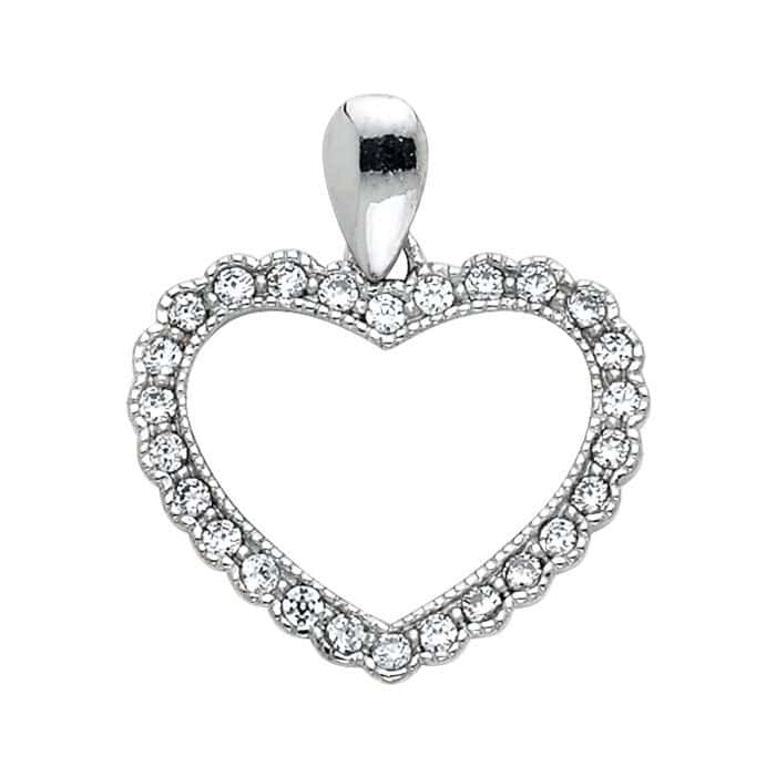 14K White Gold Open Heart Cubic Zirconia Pendant