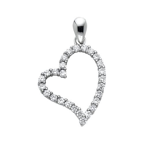 14K White Gold Open Heart Cubic Zirconia Pendant