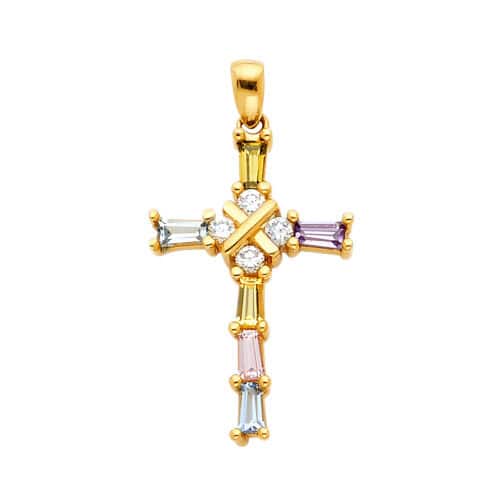 14K Yellow Gold Cross Multi Cubic Zirconia Religious Pendant