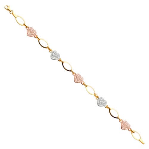 14K Yellow Gold Cubic Zirconia Heart Bracelet - 7.25"