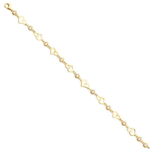 14K Yellow Gold Cubic Zirconia Heart Bracelet - 7.5"