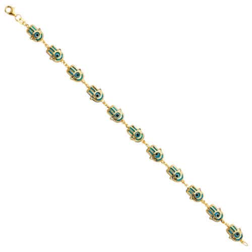 14K Yellow Gold Hamsa Blue Evil Eye Bracelet - 7.5"