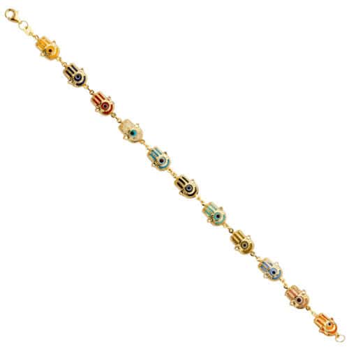 14K Yellow Gold Hamsa Multi Color Evil Eye Bracelet - 7.5"