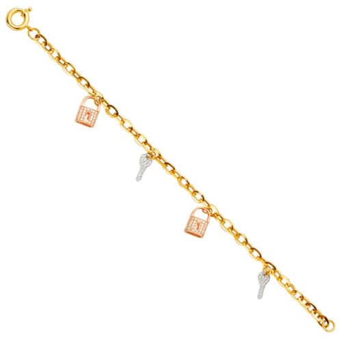 14K Tri Color Gold Key & Lock Cubic Zirconia Bracelet - 7.5"