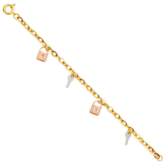 14K Tri Color Gold Key & Lock Cubic Zirconia Bracelet - 7.5"