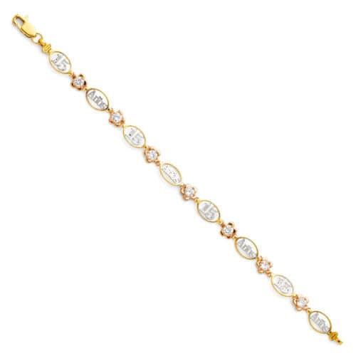 14K Tri Color Gold Flower ID Bracelet - 7.25"