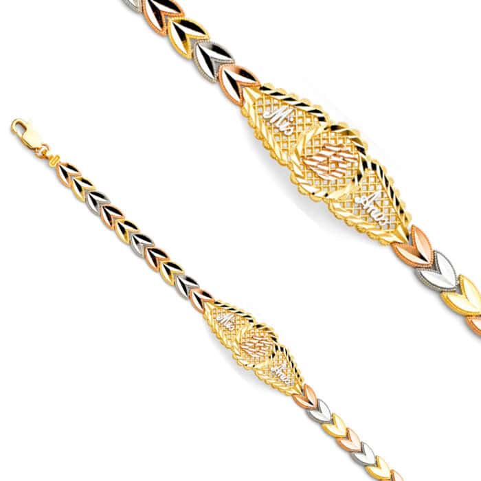 14K Tri Color Gold Flower ID Bracelet - 7.25" - Image 2